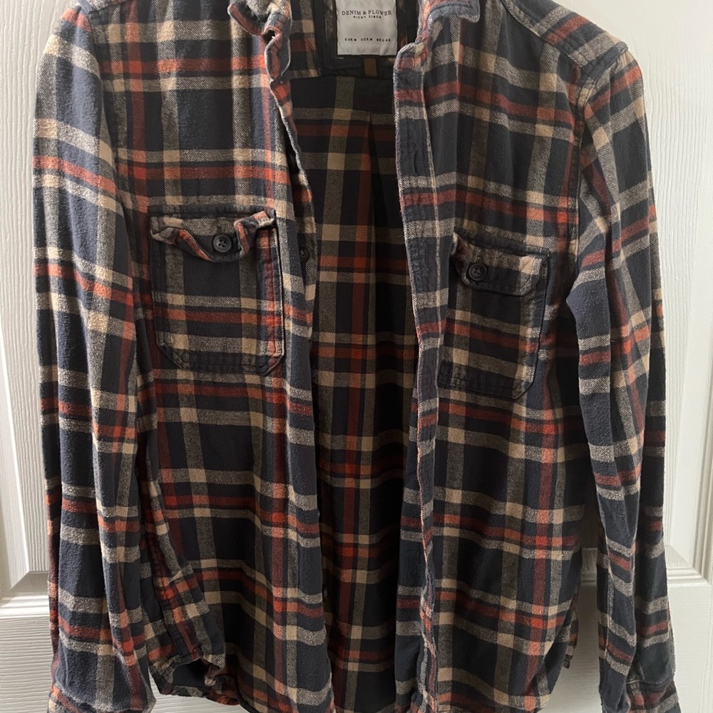 Denim and Flower Flannel Shirt Mens M Gray-Orange Plaid Soft Ricky Singh